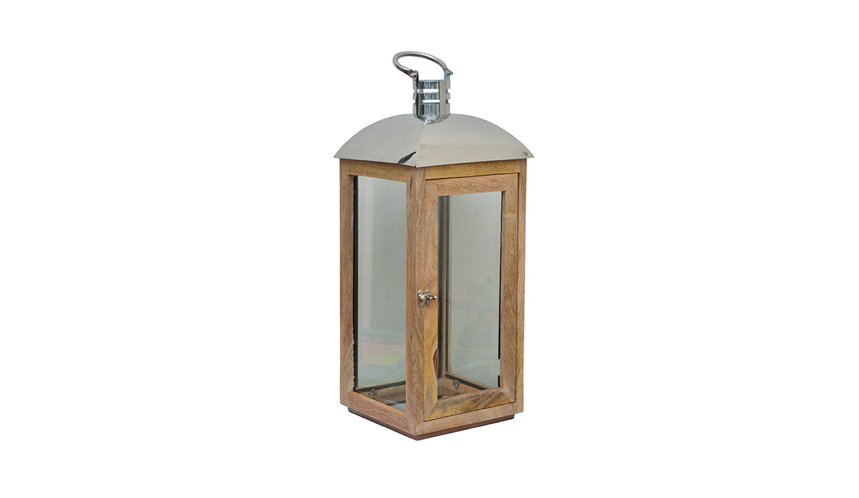 Mango wood and steel top lantern with glass