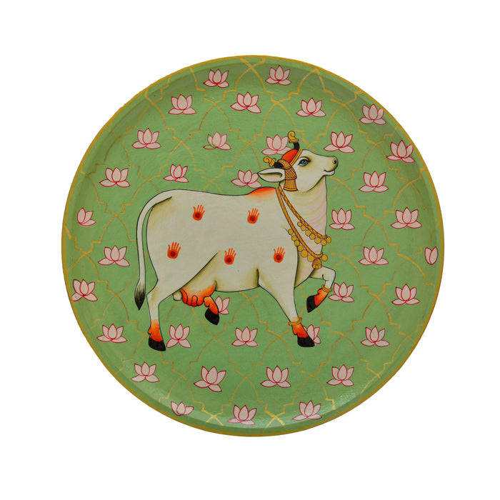 Jaali Cow Pichwai décor plate - Mint Green
