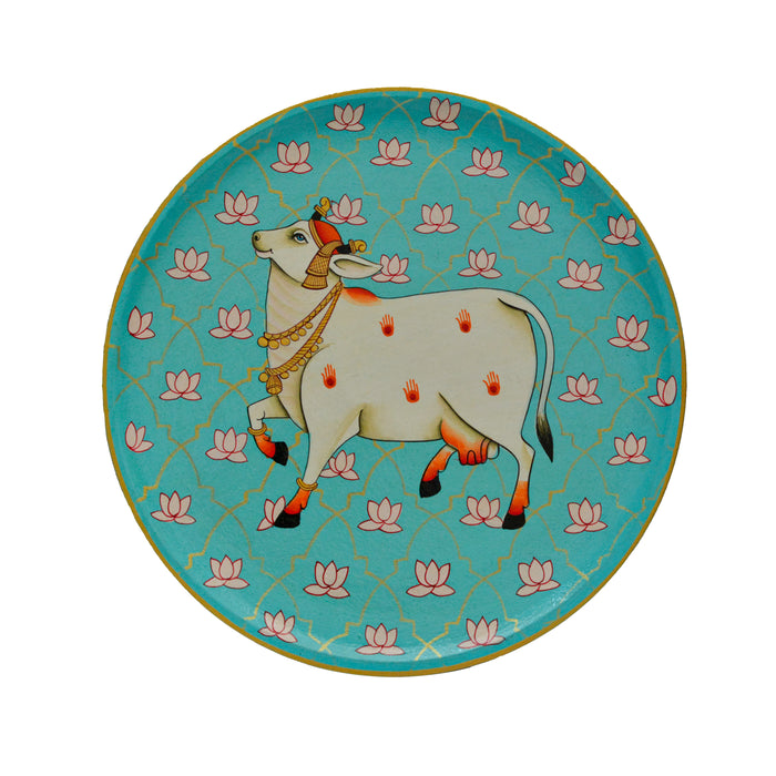 Jaali Cow pichwai Decor Plate - Mint Blue